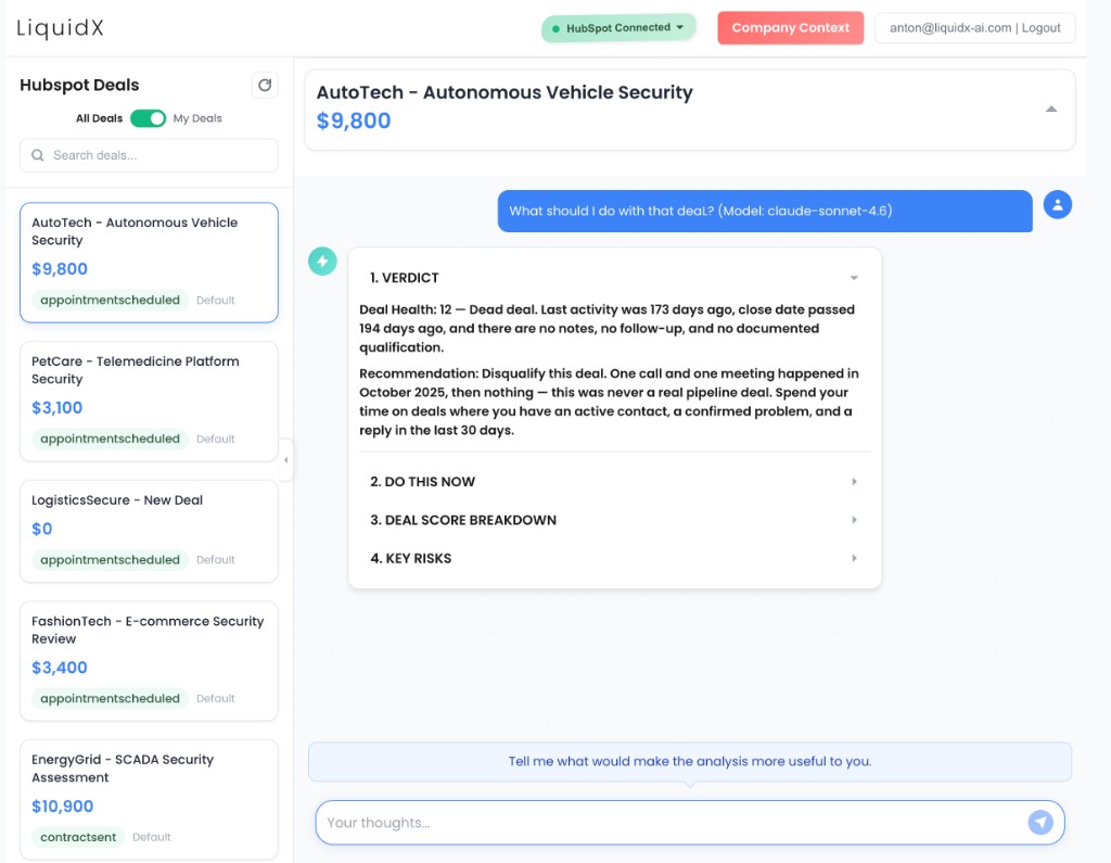 Six Deals verdict - showing deal analysis with a clear verdict, next steps, and risk breakdown